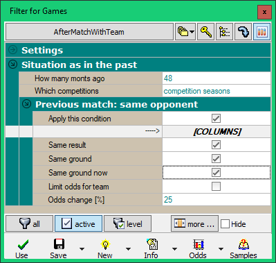 Filter / Situation as in the past / Previous match: same opponent