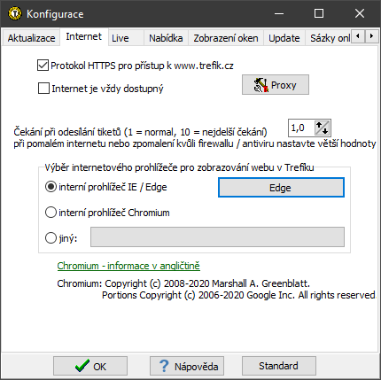 Aktivace interního prohlížeče Edge v Trefíku