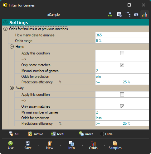 Filter / Odds for final result at previous matches