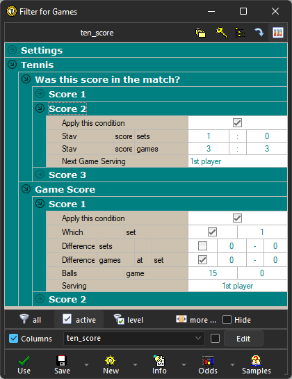 Analysis of tennis matches score thanks to filter for Offer window