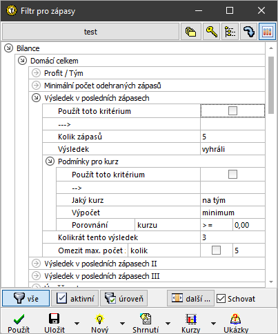Nabídka / Filtr / Bilance / Výsledek